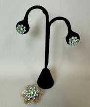 Load image into Gallery viewer, Vintage Goldtone Filigree Blue &amp; Green Rhinestone Flower Brooch Pin &amp; Screw Back Earrings Set
