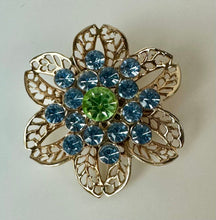 Load image into Gallery viewer, Vintage Goldtone Filigree Blue &amp; Green Rhinestone Flower Brooch Pin &amp; Screw Back Earrings Set
