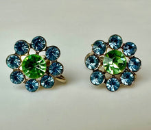 Load image into Gallery viewer, Vintage Goldtone Filigree Blue &amp; Green Rhinestone Flower Brooch Pin &amp; Screw Back Earrings Set

