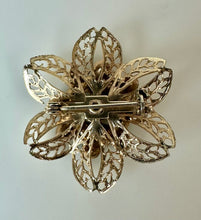 Load image into Gallery viewer, Vintage Goldtone Filigree Blue &amp; Green Rhinestone Flower Brooch Pin &amp; Screw Back Earrings Set
