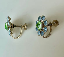 Load image into Gallery viewer, Vintage Goldtone Filigree Blue &amp; Green Rhinestone Flower Brooch Pin &amp; Screw Back Earrings Set
