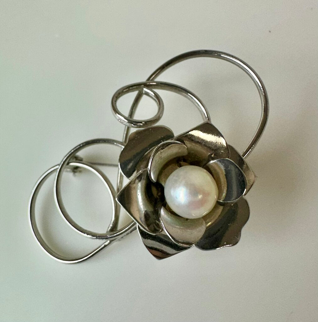 Vintage Sterling Silver Swirl Pearl Rose Brooch Pin (2.25