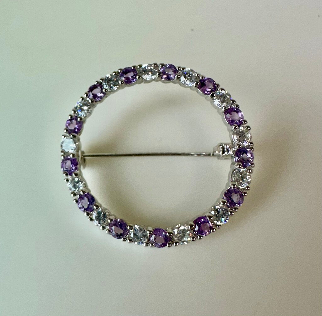 Sterling Amethyst Cubic Zirconia Circle Brooch Pin (1.25