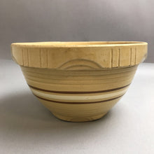 Load image into Gallery viewer, Vintage Yellow Ware Mixing Bowl USA Ovenware 9 Brown White Stripes (9.5&quot;)
