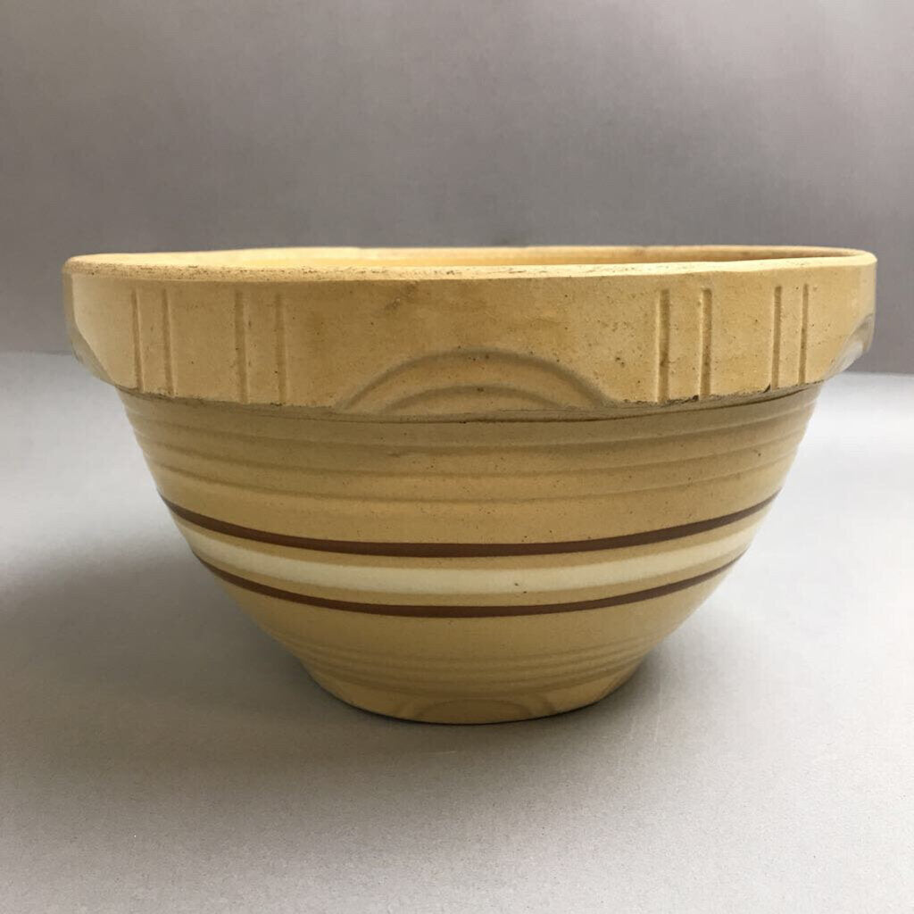 Vintage Yellow Ware Mixing Bowl USA Ovenware 9 Brown White Stripes (9.5