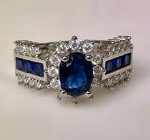 Load image into Gallery viewer, Sterling Simulated Sapphire CZ Halo Ring sz 9.75
