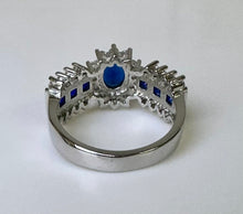 Load image into Gallery viewer, Sterling Simulated Sapphire CZ Halo Ring sz 9.75
