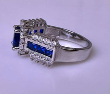 Load image into Gallery viewer, Sterling Simulated Sapphire CZ Halo Ring sz 9.75
