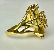Load image into Gallery viewer, Gold Plated Olive Green Stone w/ CZ Accents Cocktail Ring sz 8.5
