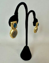 Load image into Gallery viewer, Antiqued Silver &amp; Goldtone Blue Stone Arabic Etchings Drop Earrings (1.25")
