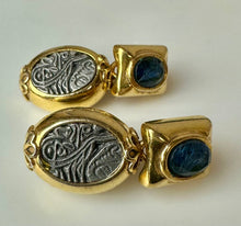 Load image into Gallery viewer, Antiqued Silver &amp; Goldtone Blue Stone Arabic Etchings Drop Earrings (1.25")
