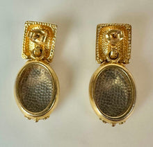Load image into Gallery viewer, Antiqued Silver &amp; Goldtone Blue Stone Arabic Etchings Drop Earrings (1.25")
