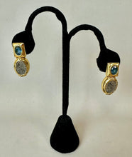 Load image into Gallery viewer, Antiqued Silver &amp; Goldtone Blue Stone Arabic Etchings Drop Earrings (1.25")
