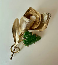 Load image into Gallery viewer, Vintage Goldtone Rose w/ Pearl &amp; Faux Jade Brooch Pin (2.5")
