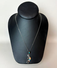 Load image into Gallery viewer, Sterling Turquoise Onyx Coral Mother of Pearl Inlay Kokopelli Pendant on 20" Chain
