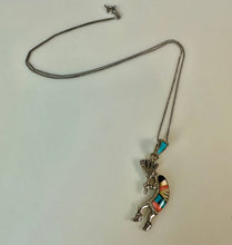 Load image into Gallery viewer, Sterling Turquoise Onyx Coral Mother of Pearl Inlay Kokopelli Pendant on 20" Chain
