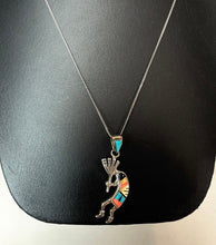 Load image into Gallery viewer, Sterling Turquoise Onyx Coral Mother of Pearl Inlay Kokopelli Pendant on 20" Chain
