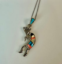 Load image into Gallery viewer, Sterling Turquoise Onyx Coral Mother of Pearl Inlay Kokopelli Pendant on 20" Chain
