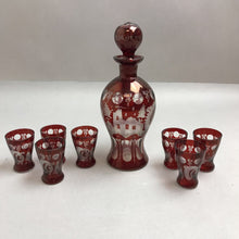 Load image into Gallery viewer, Bohemian Glass Decanter Ruby Red Cut to Clear w/7 Cordial Glasses (9&quot;)
