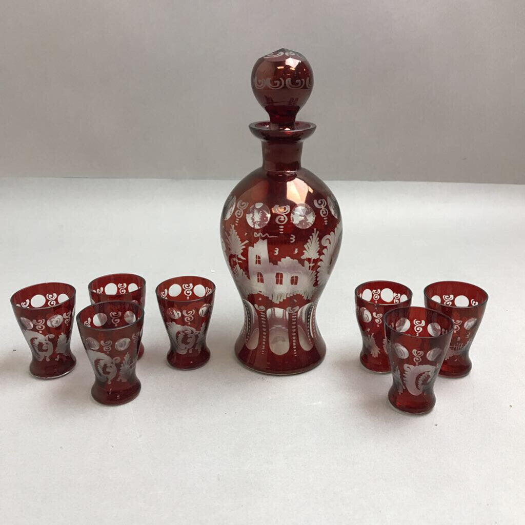 Bohemian Glass Decanter Ruby Red Cut to Clear w/7 Cordial Glasses (9