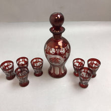 Load image into Gallery viewer, Bohemian Glass Decanter Ruby Red Cut to Clear w/7 Cordial Glasses (9&quot;)
