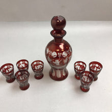 Load image into Gallery viewer, Bohemian Glass Decanter Ruby Red Cut to Clear w/7 Cordial Glasses (9&quot;)
