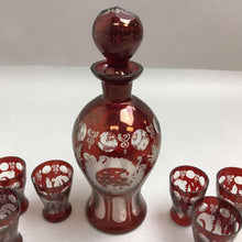 Load image into Gallery viewer, Bohemian Glass Decanter Ruby Red Cut to Clear w/7 Cordial Glasses (9&quot;)

