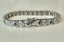 Load image into Gallery viewer, Art Deco Style Sterling Lab Created Ceylon Sapphire Tennis Bracelet (7.5")
