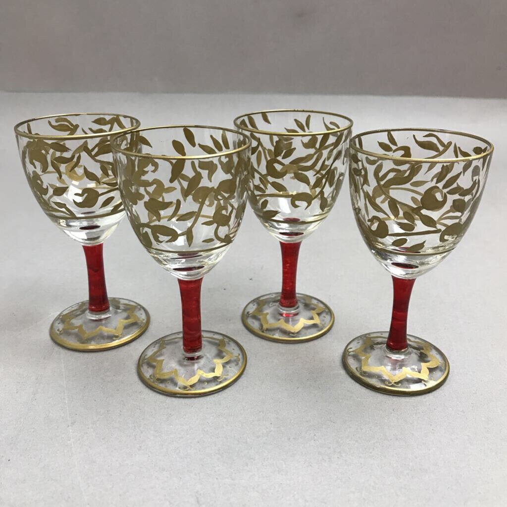 Vintage Set of 4 Egermann Czechoslovakia Sherry Glasses Hand-Painted 24k Gold Stemware (4