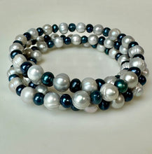 Load image into Gallery viewer, White &amp; Navy Freshwater Pearl Coil Wrap Bracelet
