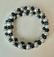 Load image into Gallery viewer, White &amp; Navy Freshwater Pearl Coil Wrap Bracelet
