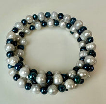 Load image into Gallery viewer, White &amp; Navy Freshwater Pearl Coil Wrap Bracelet
