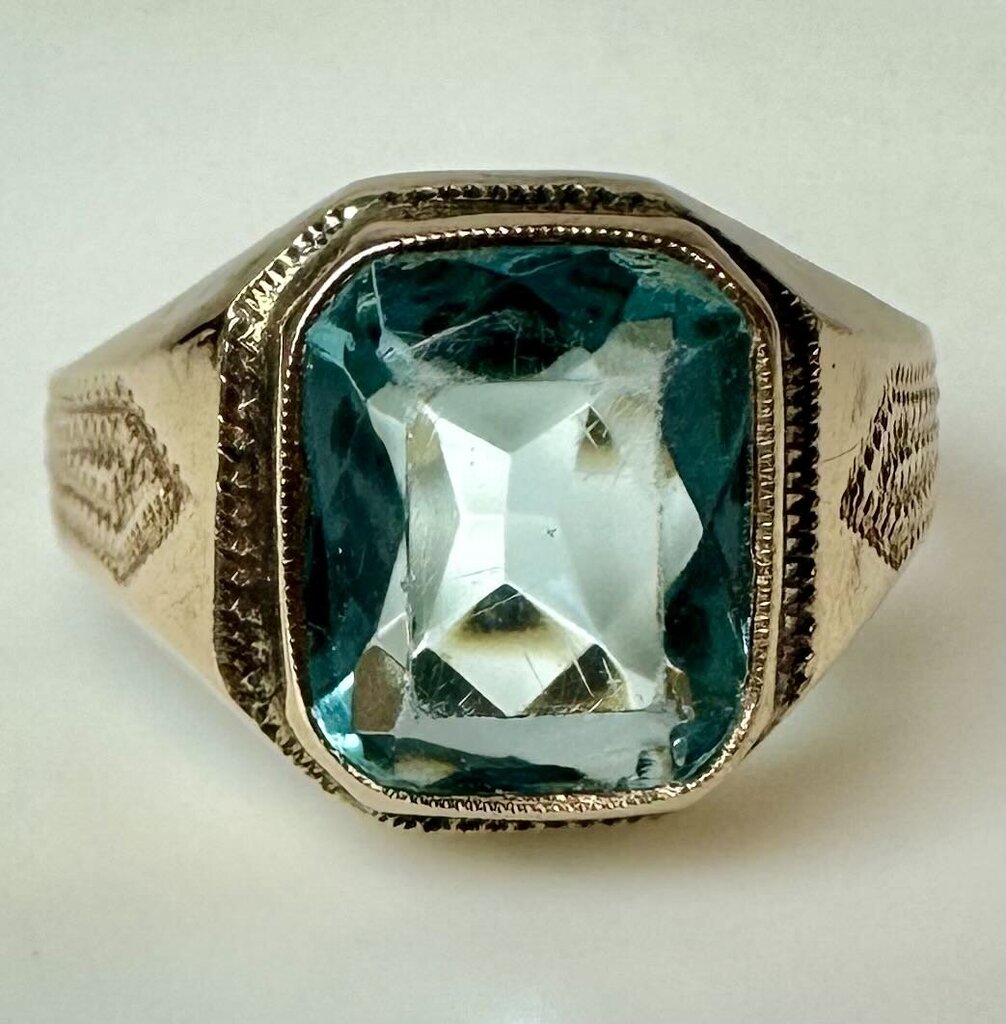 10K Gold Aqua Paste Stone Vintage Ring sz 6.5 (2.6g)