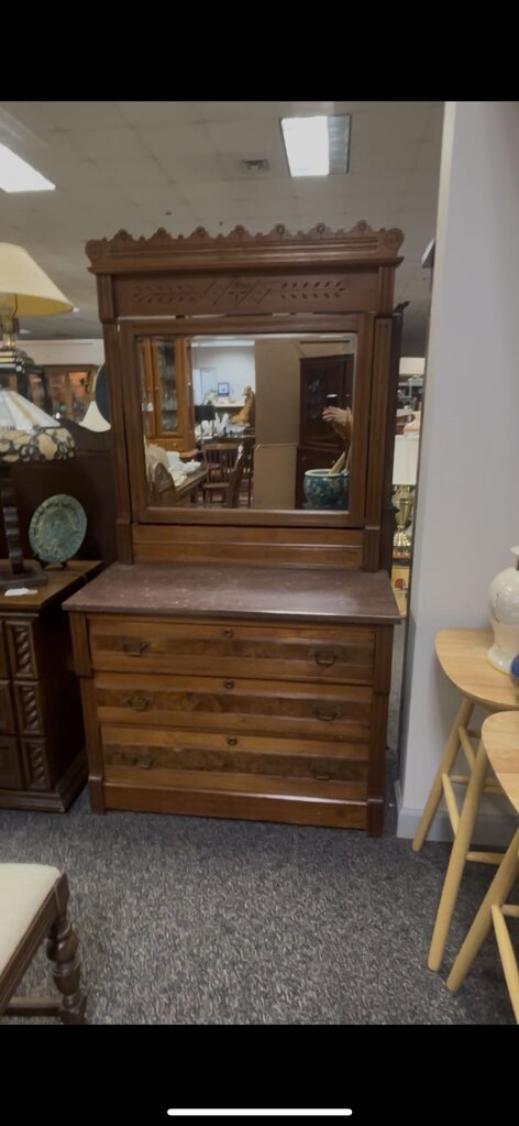 Antique Walnut 3 Drawer Dresser w/Mirror (74x40x19)
