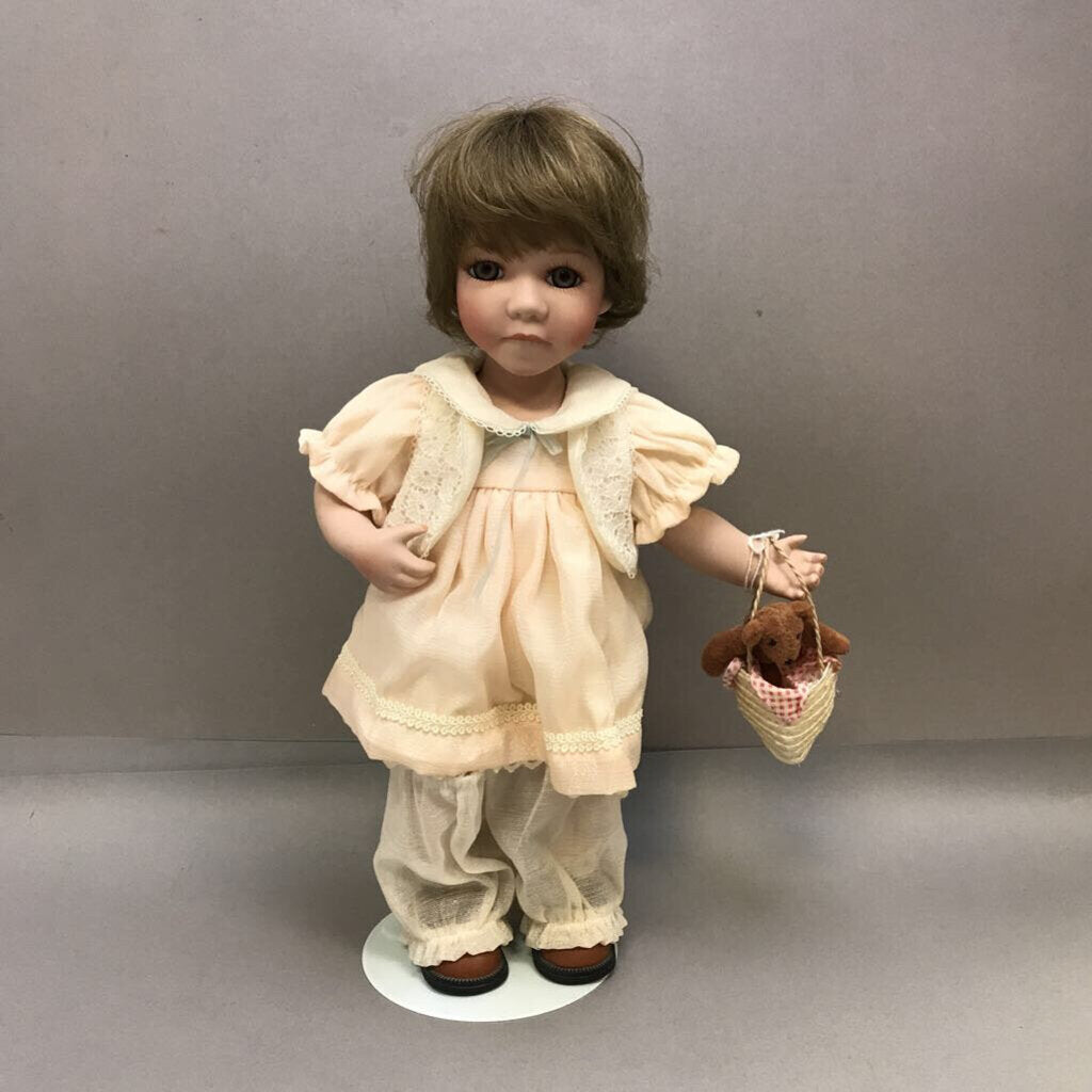 Seymour Mann Porcelain Doll, Girl w/ Teddy Basket (13.5