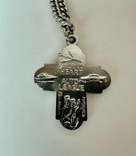 Load image into Gallery viewer, Vintage 1960 Silvertone Sacred Heart Auto League Saint Cross Medal on 24" Chain
