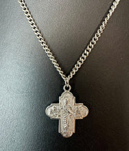 Load image into Gallery viewer, Vintage 1960 Silvertone Sacred Heart Auto League Saint Cross Medal on 24" Chain
