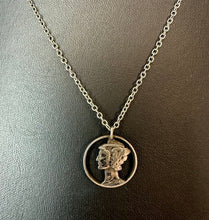 Load image into Gallery viewer, Vintage 1940 Mercury Dime Cutout Silver Pendant on 18" Chain
