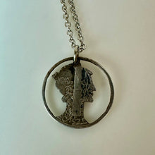 Load image into Gallery viewer, Vintage 1940 Mercury Dime Cutout Silver Pendant on 18" Chain
