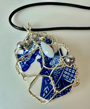 Load image into Gallery viewer, Upcycled Porcelain Beaded Wire Wrapped Pendant on Black Cord Necklace
