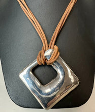 Load image into Gallery viewer, Bat Ami Sterling Modernist Square 2" Pendant on Brown Suede Necklace (18")
