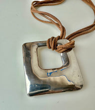 Load image into Gallery viewer, Bat Ami Sterling Modernist Square 2" Pendant on Brown Suede Necklace (18")
