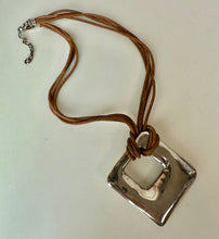 Load image into Gallery viewer, Bat Ami Sterling Modernist Square 2" Pendant on Brown Suede Necklace (18")

