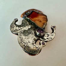 Load image into Gallery viewer, Handmade MA Katke Mixed Media Sterling Pendant Copper Amethyst Jester Brooch Pin (2")
