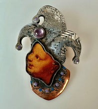 Load image into Gallery viewer, Handmade MA Katke Mixed Media Sterling Pendant Copper Amethyst Jester Brooch Pin (2")
