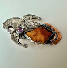 Load image into Gallery viewer, Handmade MA Katke Mixed Media Sterling Pendant Copper Amethyst Jester Brooch Pin (2")

