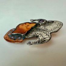 Load image into Gallery viewer, Handmade MA Katke Mixed Media Sterling Pendant Copper Amethyst Jester Brooch Pin (2")
