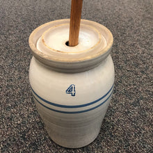 Load image into Gallery viewer, Antique 4 Gal Stoneware Butter Churn Crock w/ Lid &amp; Dasher Farmhouse Decor (16")
