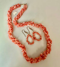 Load image into Gallery viewer, Angel Skin Coral Chip Twisted Multi-Strand 22" Necklace &amp; 2.25" Earrings Set
