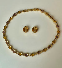 Load image into Gallery viewer, D'Orlan Gold Plated Amethyst Citrine Colored Swarovski Crystal Link 16.5" Necklace &amp; 0.75" Clip Earrings Set
